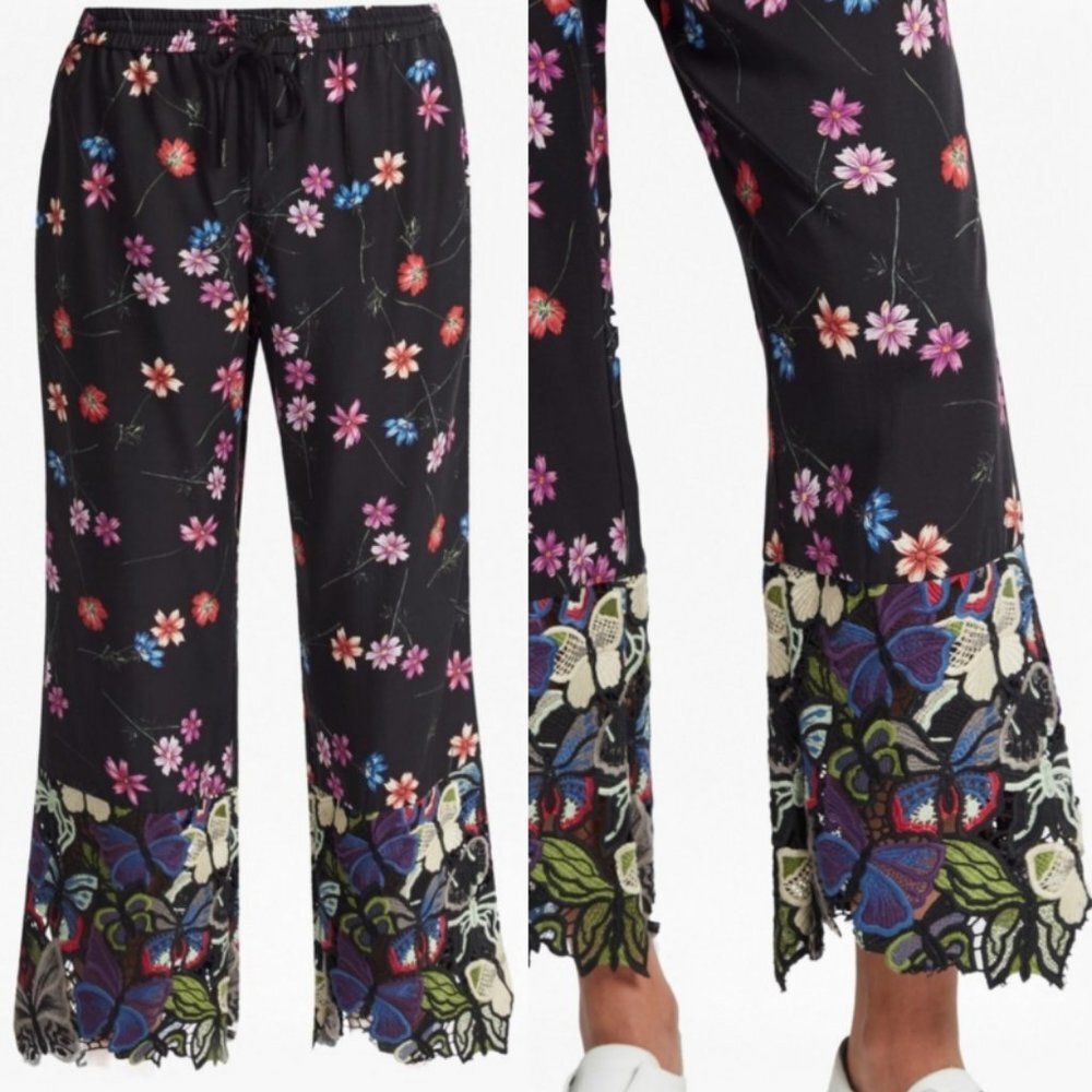 French Connection Wide Leg Crochet Floral Boho Pants Lyocell Lace Mix Trousers 2 - Picture 2 of 15